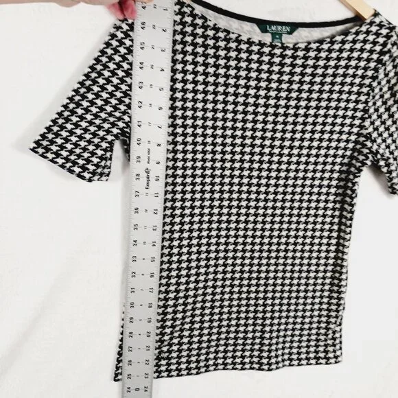 Lauren Ralph Lauren, Black & White Houndstooth Short Sleeve Cotton Top, Medium - Picture 8 of 13